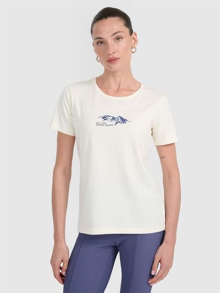 4F T-shirt regular z nadrukiem damski - biały L. Białe t-shirty 4f, l, bez wzorów, z bawełny, bez kołnierzyka, bez ramiączek. W wyprzedaży za 49,99 zł.