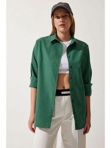 Happiness Istanbul Koszula w kolorze ciemnozielonym rozmiar: 38. Zielone koszule Happiness Istanbul, bez wzorów, bez kołnierzyka, bez ramiączek. Za 59,45 zł.