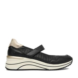 Półbuty Remonte. Czarne czółenka Remonte, bez wzorów, bez obcasa, na koturnie, bez zapięcia. Za 379,99 zł.