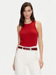Tommy Hilfiger Top WW0WW38635 Czerwony Slim Fit. Czerwone topy TOMMY HILFIGER, l, bez wzorów, z wiskozy, bez kołnierzyka, bez ramiączek. Za 129,99 zł.