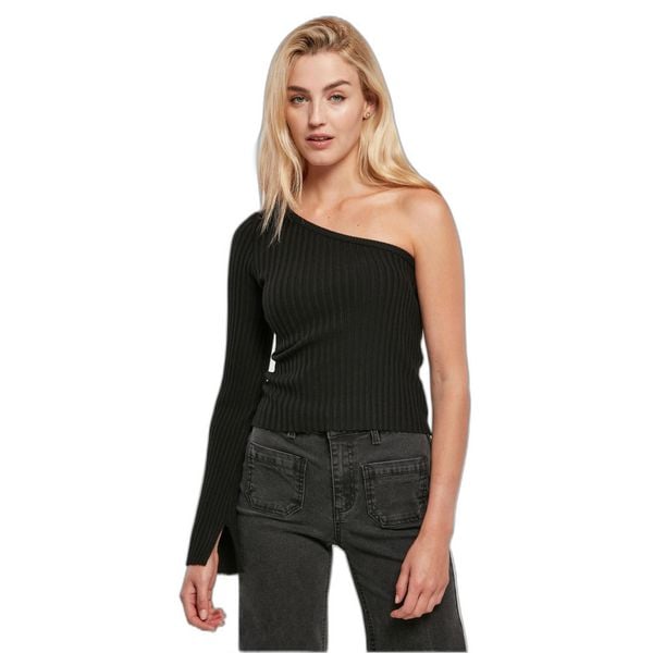 Sweter court z jednym rękawem z dzianiny prążkowanej kobieta Urban Classics. Czarne swetry klasyczne Urban Classics, na zimę, z dzianiny, bez kołnierzyka. Za 185,00 zł.