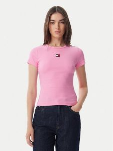Tommy Jeans T-Shirt Badge DW0DW17881 Różowy jasny Slim Fit. Czerwone t-shirty Tommy Jeans, s, bez wzorów, z bawełny, bez kołnierzyka, bez ramiączek. Za 169,99 zł.