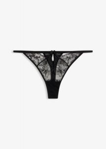 Stringi z eleganckim haftem. Czarne stringi bonprix, bez wzorów. Za 34,99 zł.