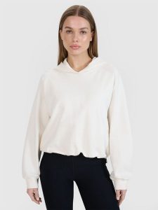 4F Bluza dresowa cropped nierozpinana z kapturem damska 4F x Anna Lewandowska - biała M. Białe bluzy 4f, m, bez wzorów, z bawełny, z kapturem. Za 149,99 zł.