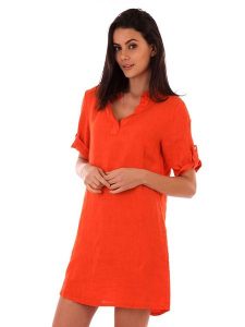 Lin Passion Lniana sukienka w kolorze pomarańczowym rozmiar: 38/40. Pomarańczowe sukienki Lin Passion, bez wzorów, ze lnu, klasyczne, bez kołnierzyka, bez ramiączek, mini. Za 113,99 zł.
