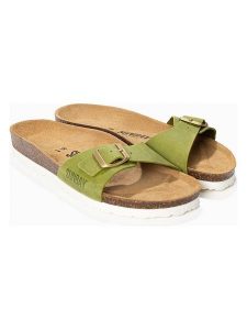 Sunbay Skórzane klapki "Jasmin" w kolorze zielonym rozmiar: 36. Zielone klapki Sunbay, bez wzorów, z otwartym noskiem, bez obcasa. Za 123,45 zł.