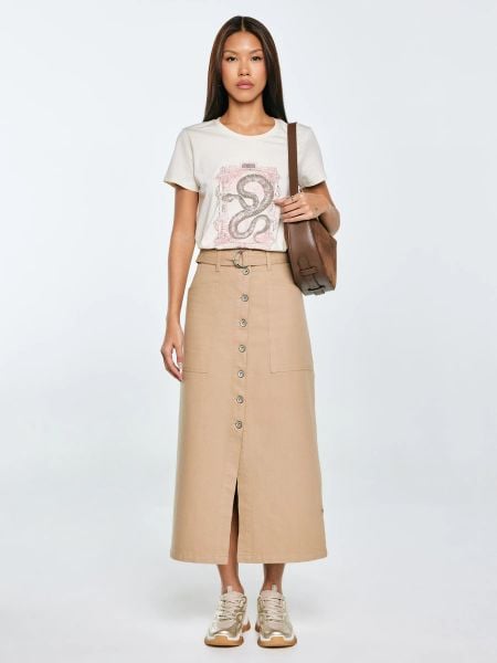 Spódnica damska midi z dodatkiem lnu z ozdobnymi guzikami beżowa Anesa 805. Brązowe spódnice Big Star, na co dzień, l, z aplikacjami, z tkaniny, eleganckie, midi. W wyprzedaży za 59,99 zł.