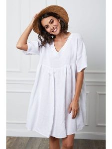 Fleur de Lin Lniana sukienka "Etsy" w kolorze białym rozmiar: XL. Białe sukienki Fleur de Lin, xl, bez wzorów, ze lnu, bez kołnierzyka, bez ramiączek, mini. Za 186,95 zł.