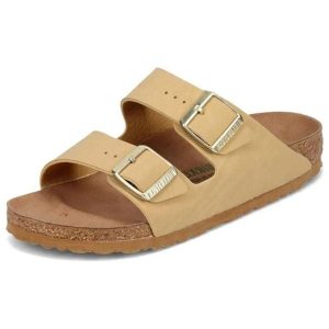 Klapki damskie Birkenstock Arizona BS regular. Brązowe klapki Birkenstock, bez wzorów, z jeansu, bez obcasa. Za 287,00 zł.
