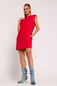 Czerwona Mini Sukienka Dopasowana z Poduszkami. Czerwone sukienki MOE, l, bez wzorów, z bawełny, bez kołnierzyka, bez ramiączek, mini, dopasowane. Za 292,90 zł.