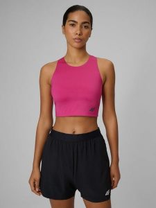 4F Crop top do biegania szybkoschnący damski - różowy M. Czerwone topy 4f, l, bez wzorów, bez kołnierzyka, bez ramiączek. Za 129,99 zł.