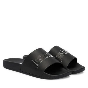 Klapki Just Cavalli. Czarne klapki Just Cavalli, bez wzorów, bez obcasa. Za 329,99 zł.