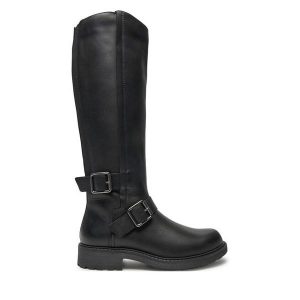 Kozaki Clarks. Czarne kozaki Clarks, bez wzorów, bez obcasa, na płaskiej podeszwie, bez zapięcia. Za 589,99 zł.