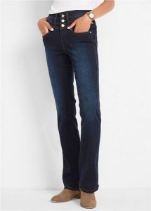 Modelujące jeansy, krój bootcut, high waist. Niebieskie spodnie z wysokim stanem bonprix, bez wzorów, z jeansu, z podwyższonym stanem. Za 189,99 zł.
