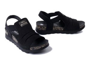 RIEKER 64463-01 black, sandały damskie. Czarne sandały Rieker, bez wzorów, bez obcasa, na koturnie, bez zapięcia. Za 255,92 zł.