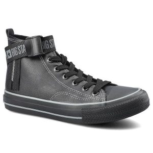 Czarne Trampki Big Star Damskie Wygodne Półbuty. Czarne półbuty Big Star, bez wzorów, ze skóry ekologicznej, bez obcasa, na płaskiej podeszwie, bez zapięcia. Za 99,00 zł.