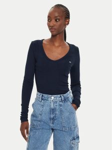 Tommy Jeans Bluzka Essential DW0DW17990 Granatowy Slim Fit. Niebieskie bluzki Tommy Jeans, l, bez wzorów, z bawełny, bez kołnierzyka, bez ramiączek. Za 219,99 zł.