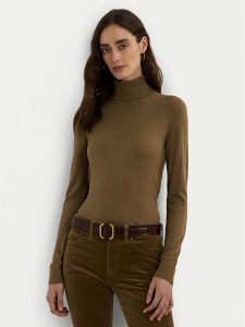 LAUREN RALPH LAUREN Golf 200940470005 Brązowy Slim Fit. Brązowe golfy Lauren Ralph Lauren, bez wzorów, z jedwabiu. Za 419,99 zł.