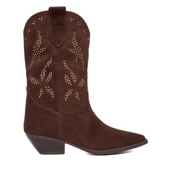 Kowbojki DeeZee. Brązowe buty zimowe DeeZee, bez obcasa, na słupku, bez zapięcia. Za 149,99 zł.