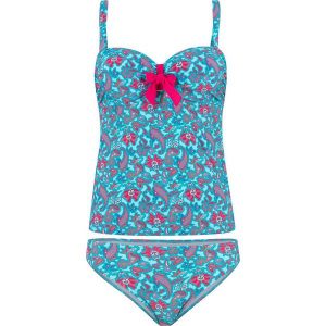 Tankini na fiszbinach (2 części) bonprix biało-różowo-turkusowy z nadrukiem. Bikini marki bonprix. Za 109,99 zł.