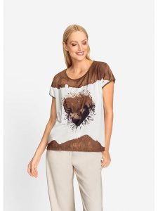 Heine Koszulka w kolorze biało-jasnobrązowym rozmiar: 48. Białe bluzki Heine, bez wzorów, bez kołnierzyka, bez ramiączek. Za 56,99 zł.