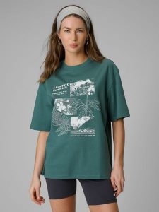 4F T-shirt loose z nadrukiem damski - turkusowy S. Niebieskie t-shirty 4f, s, bez wzorów, z dzianiny, bez kołnierzyka, bez ramiączek. Za 79,99 zł.