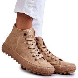 Trampki Damskie Big Star Wysokie Ocieplane Camel GG274072 beżowy. Brązowe trampki bez wzorów, bez zapięcia. Za 205,59 zł.