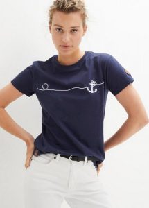 T-shirt z haftem. Niebieskie t-shirty bonprix, bez wzorów, z bawełny, bez kołnierzyka, bez ramiączek. Za 59,99 zł.