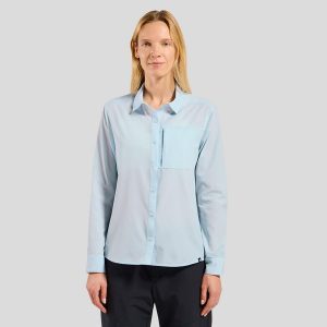 Koszula z długim rękawem damska ODLO Shirt l/s ESSENTIAL. Niebieskie koszule ODLO, l, bez wzorów, z materiału, bez kołnierzyka, bez ramiączek. Za 409,99 zł.