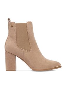 DeeZee Botki HX22069A-3 Beżowy. Brązowe botki DeeZee, bez wzorów, z materiału, bez obcasa, na słupku, bez zapięcia. Za 199,99 zł.