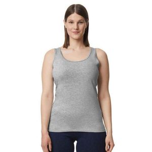 Podkoszulek Damski/płaski Softstyle Plain Tank Top. Szare koszulki sportowe GILDAN, bez wzorów, bez ramiączek. Za 38,99 zł.