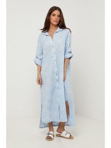 Rodier Lin Lniana sukienka w kolorze błękitnym rozmiar: M/L. Niebieskie sukienki Rodier Lin, l, bez wzorów, ze lnu, bez kołnierzyka, bez ramiączek, maxi. Za 180,45 zł.
