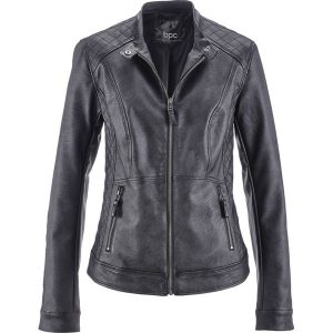 Kurtka biker ze sztucznej skóry. Czarne kurtki bonprix, bez wzorów, ze skóry, bez kaptura. Za 79,99 zł.