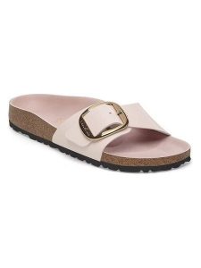 Birkenstock Skórzane klapki "Madrid" w kolorze jasnoróżowym rozmiar: 41. Różowe klapki Birkenstock, bez wzorów, z lakierowanej skóry, z otwartym noskiem, bez obcasa. Za 498,95 zł.