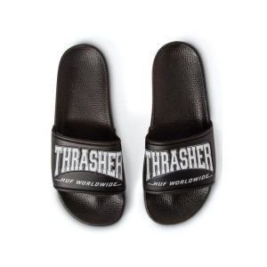 Klapki basenowe unisex HUF x Thrasher. Czarne klapki HUF, bez wzorów, bez obcasa. Za 144,00 zł.