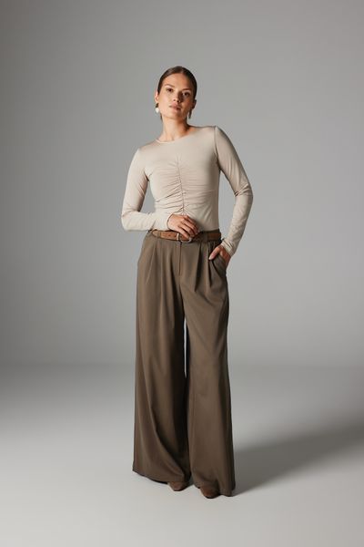 SPODNIE PEDRO KHAKI XL - Flawless. Brązowe spodnie z wysokim stanem Flawless, bez wzorów, z materiału, z podwyższonym stanem, długie. Za 597,00 zł.