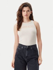Calvin Klein Jeans Top Varsity J20J225520 Beżowy Slim Fit. Brązowe topy Calvin Klein Jeans, m, bez wzorów, z bawełny, bez kołnierzyka, bez ramiączek. Za 99,99 zł.
