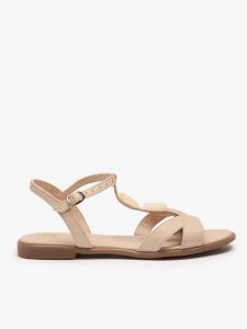 Kremowe płaskie sandały z ozdobą. Brązowe sandały Ryłko, z aplikacjami, ze skóry, z okrągłym noskiem, bez obcasa, na płaskiej podeszwie, bez zapięcia. Za 379,99 zł.