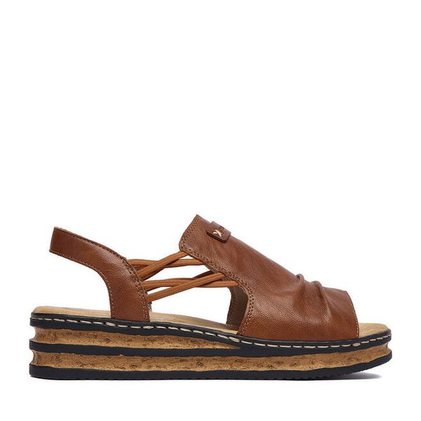 Sandały Rieker. Brązowe sandały Rieker, bez wzorów, bez obcasa, na koturnie, bez zapięcia. Za 299,99 zł.