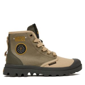 Trapery Palladium. Zielone buty zimowe Palladium, bez obcasa, bez zapięcia. Za 449,99 zł.