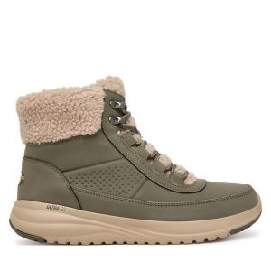 Trapery Skechers. Zielone buty zimowe Skechers, bez obcasa, bez zapięcia. Za 429,99 zł.