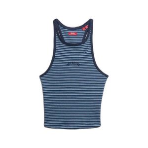 Tank top w paski z plecami w stylu sportowym i logo dla kobiet Superdry Essentia. Niebieskie topy Superdry, bez wzorów, sportowe, bez kołnierzyka, bez ramiączek. Za 106,45 zł.