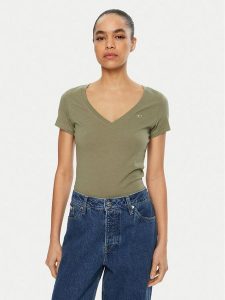Tommy Jeans T-Shirt DW0DW20458 Zielony Slim Fit. Zielone t-shirty Tommy Jeans, xs, bez wzorów, z bawełny, bez kołnierzyka, bez ramiączek. Za 89,99 zł.