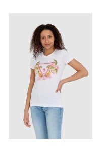 GUESS Biały t-shirt damski z logo z kwiatami i dżetami slim fit. Białe t-shirty Guess, s, z aplikacjami, z bawełny, bez kołnierzyka, bez ramiączek. W wyprzedaży za 122,99 zł.