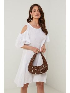 Rodier Lin Lniana sukienka w kolorze białym rozmiar: XL/XXL. Białe sukienki Rodier Lin, xl, bez wzorów, ze lnu, bez kołnierzyka, bez ramiączek, midi. Za 167,28 zł.