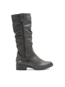 Mustang Kozaki 1293-602 Szary. Szare kozaki Mustang, bez wzorów, z materiału, bez obcasa, na płaskiej podeszwie, bez zapięcia. Za 439,99 zł.