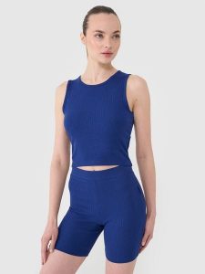 4F Crop top dzianinowy damski - granatowy XL. Niebieskie topy 4f, xl, bez wzorów, z bawełny, sportowe, bez kołnierzyka, bez ramiączek. W wyprzedaży za 19,99 zł.