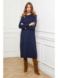 So Cachemire Sukienka dzianinowa "Douve" w kolorze granatowym rozmiar: L. Niebieskie sukienki So Cachemire, l, bez wzorów, z dzianiny, bez kołnierzyka, bez ramiączek, midi. Za 237,17 zł.