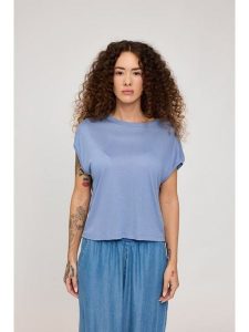 MAZINE Koszulka "Cropped" w kolorze błękitnym rozmiar: L. Niebieskie bluzki MAZINE, l, bez wzorów, z wiskozy, klasyczne, bez kołnierzyka, bez ramiączek. Za 87,81 zł.