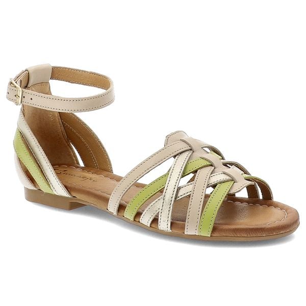 Sandały damskie Maciejka, rzymianki skórzane na płaskim obcasie zapinane sprzączką, beżowo-zielone, 06974-37-00-1. Brązowe sandały Maciejka, z aplikacjami, bez obcasa, na płaskiej podeszwie, bez zapięcia. Za 341,90 zł.